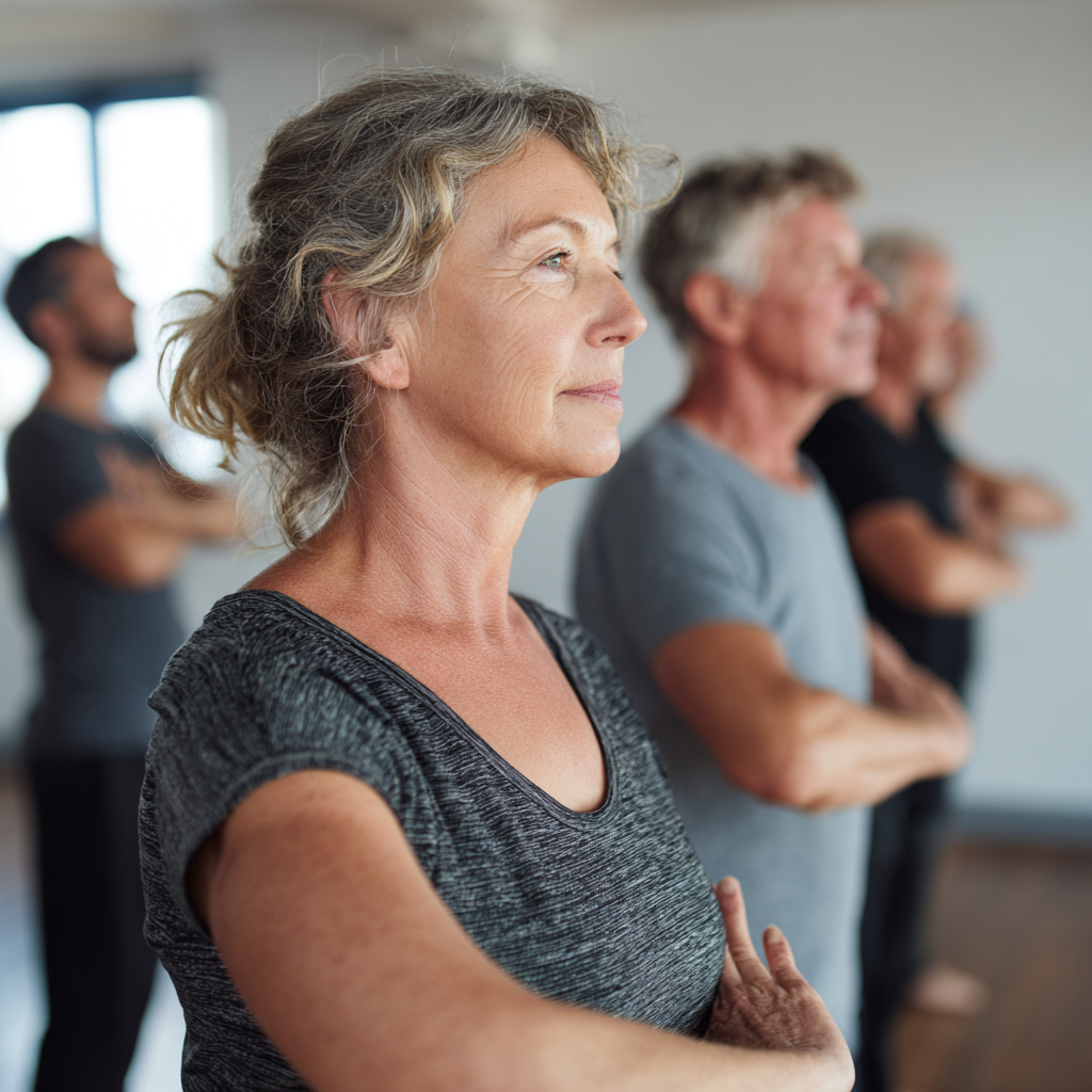 Group of middle-aged adults practicing gentle exercise movements in natural light studio
